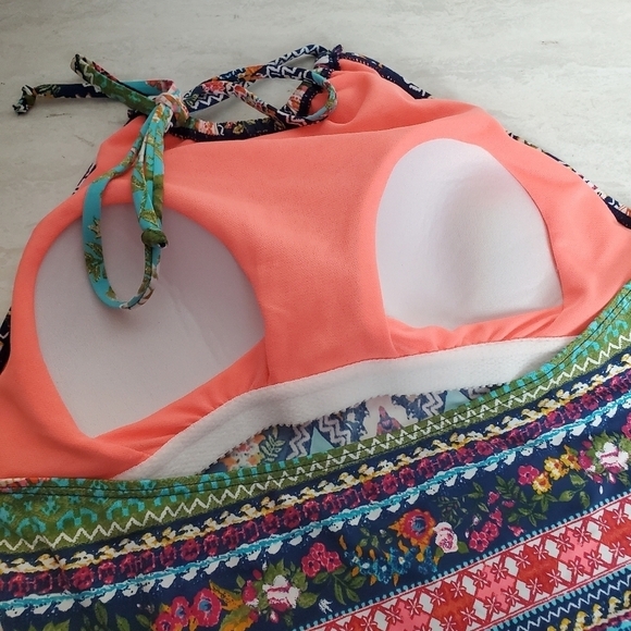 Cremieux Bikini Medium Halter top & Bottoms Blue Orange Colorful Geometric Beach - Picture 10 of 10